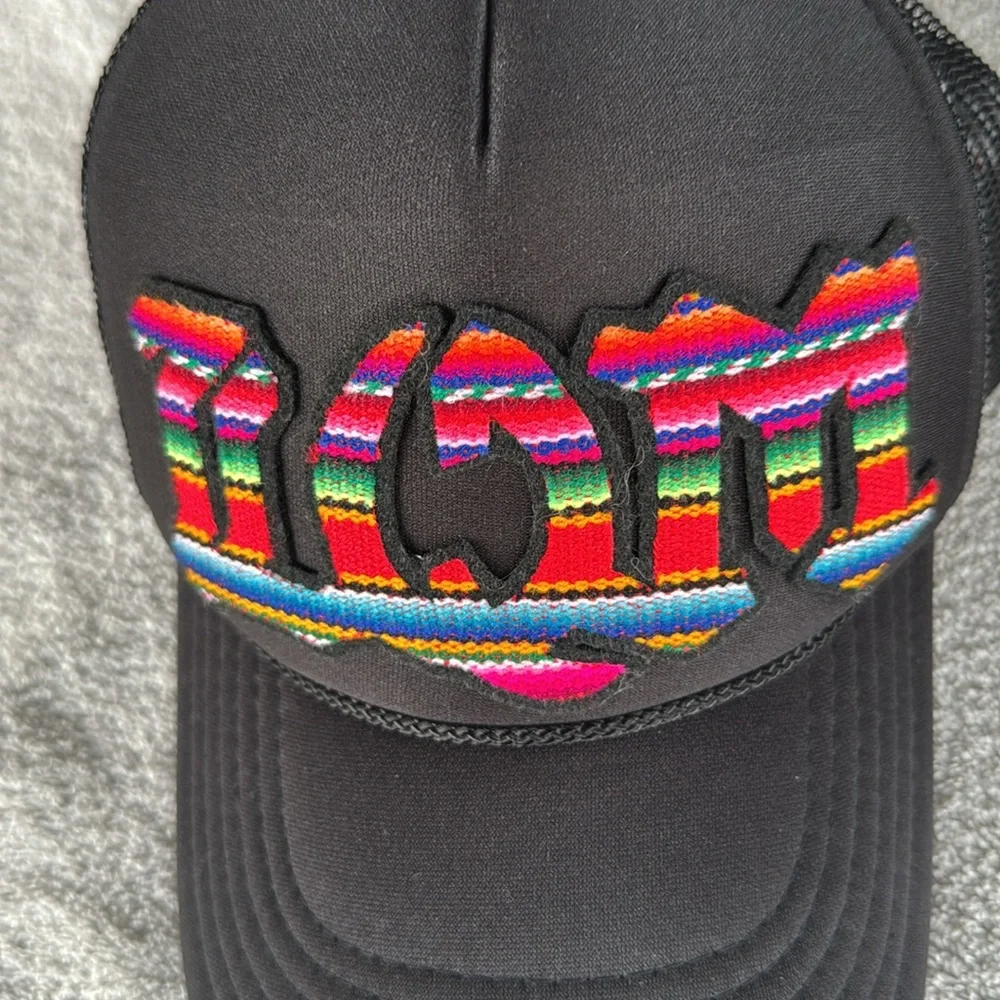 OTTO LWM Black Hat with serape lettering Multicolor mesh back adjustable closure
